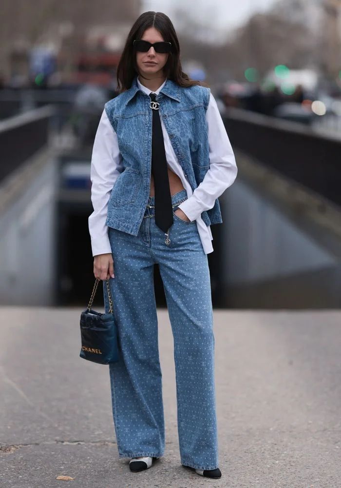 Denim Vest, Tie, and Wide-Leg Jeans Denim Vest, Tie, and Wide-Leg Jeans — Vest Outfits 2027