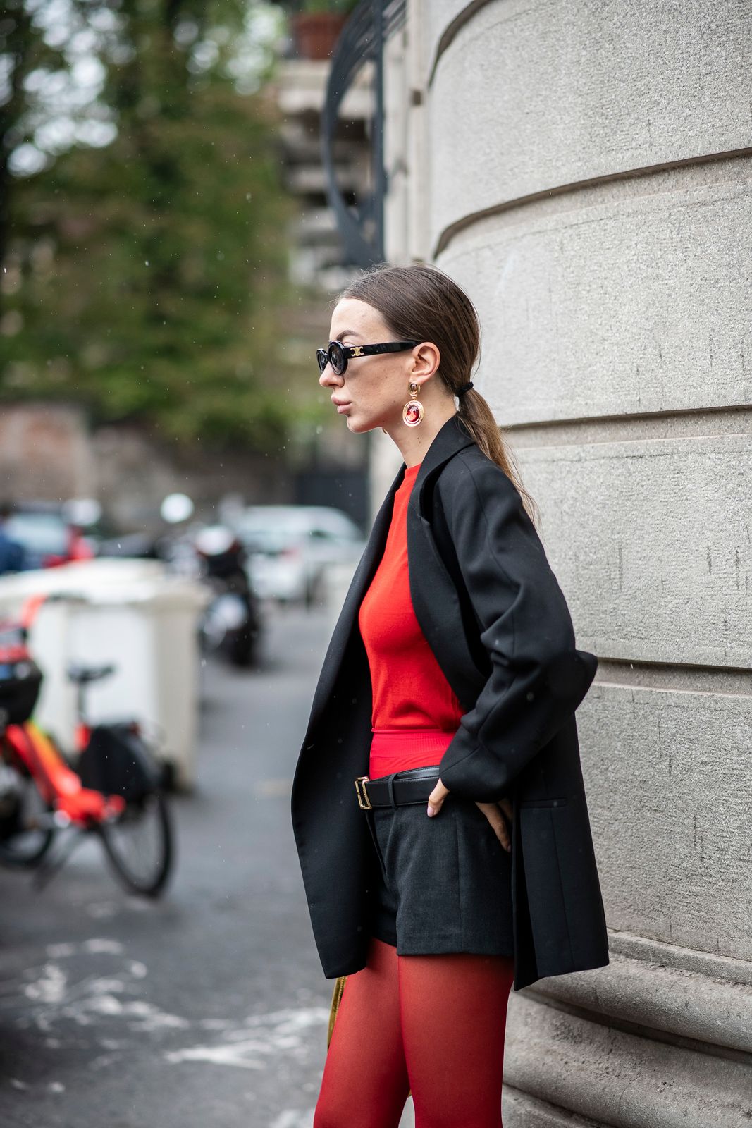 Unexpected Contrast: Black Blazer with Red Tights and Grey Shorts Unexpected Contrast: Black Blazer with Red Tights and Grey Shorts — Red Outfits 2027