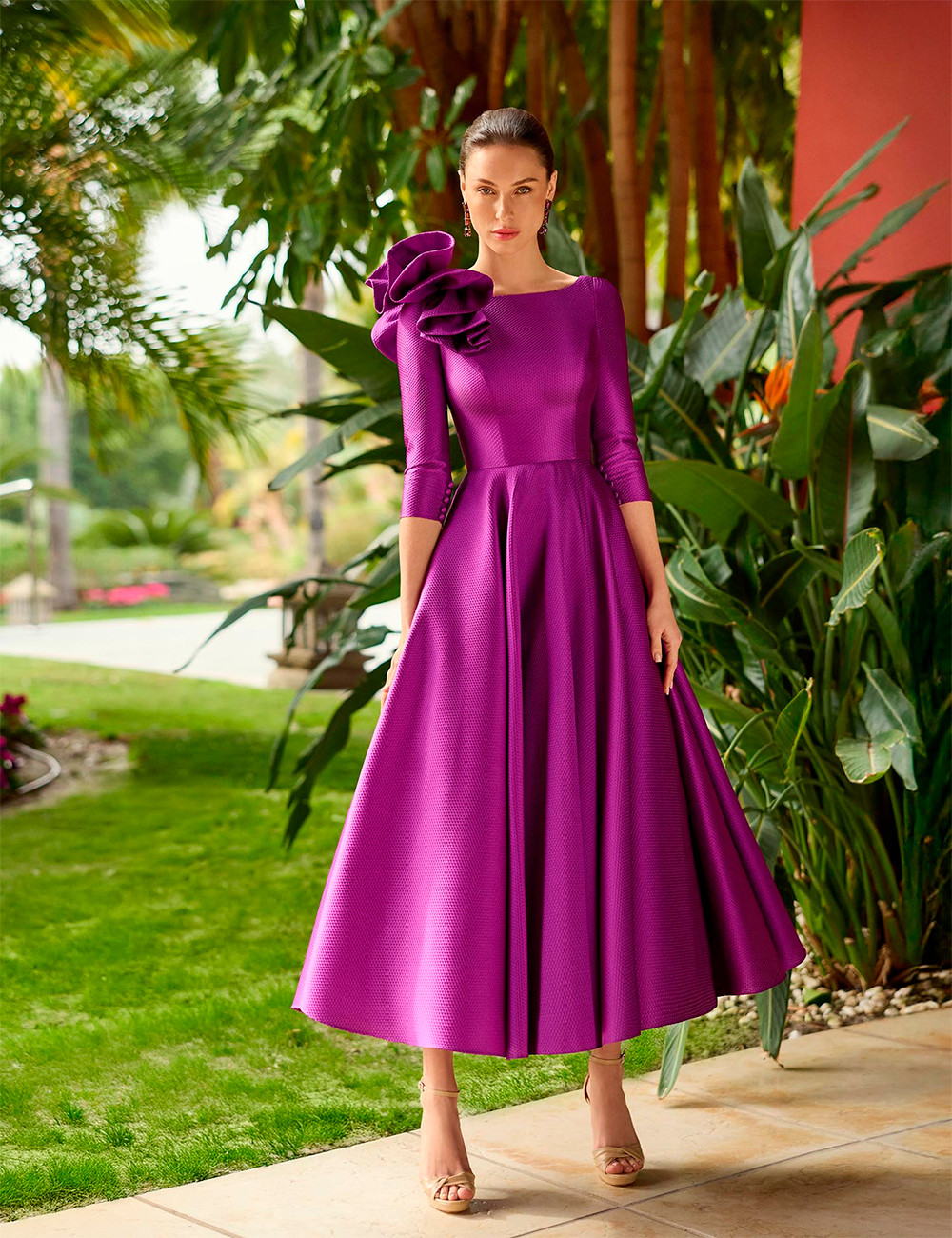 Vibrant Purple Satin Piqué Fit-and-Flare with Floral Detail — Semi Formal Dresses 2027