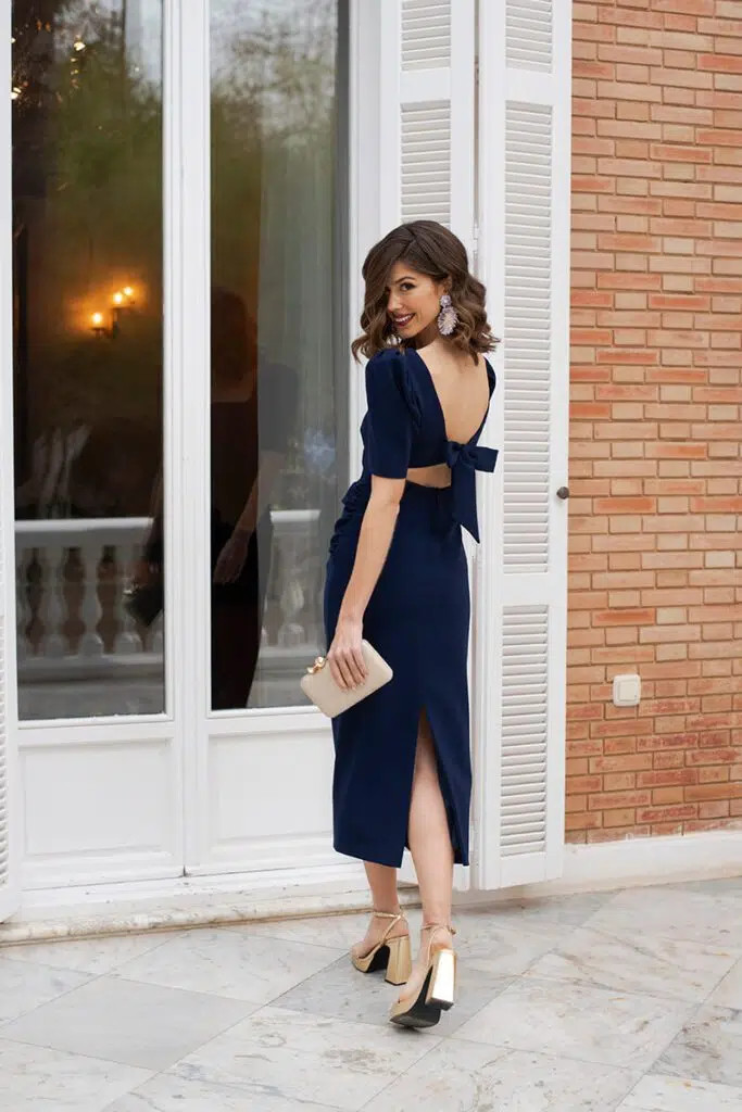 Navy Blue Short Sleeve Midi with Open Back Bow — Semi Formal Dresses 2027