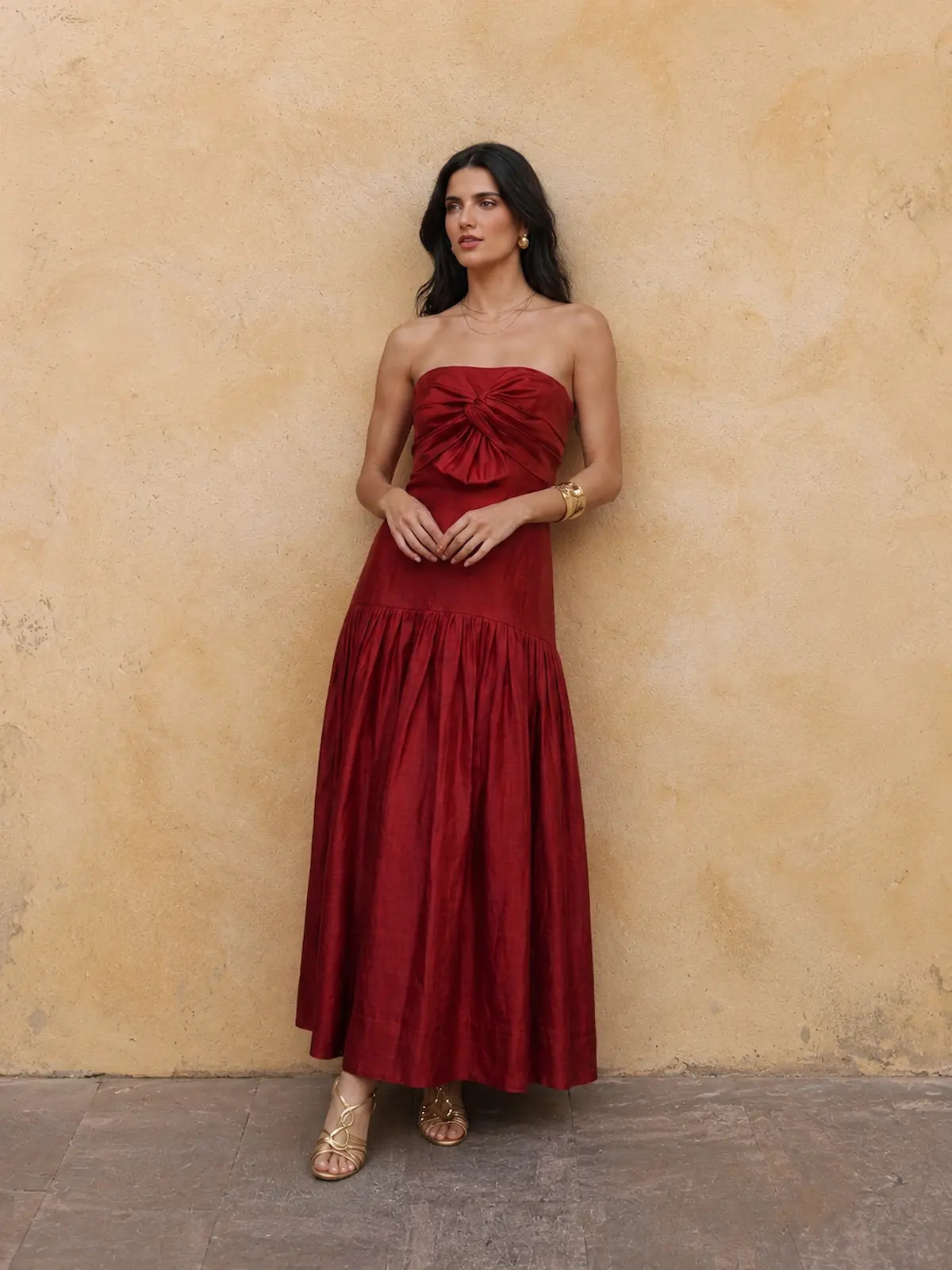 Dark Red Strapless Midi with Bow Detail and Tiered Skirt — Semi Formal Dresses 2027