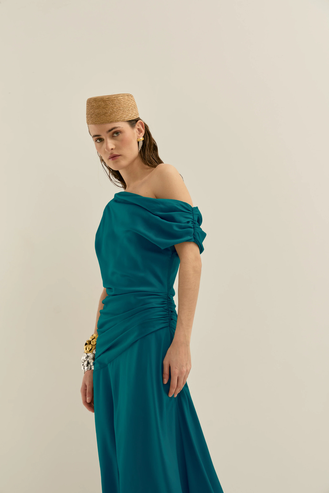 Teal One-Shoulder Satin Dress with Draped Sleeves — Semi Formal Dresses 2027