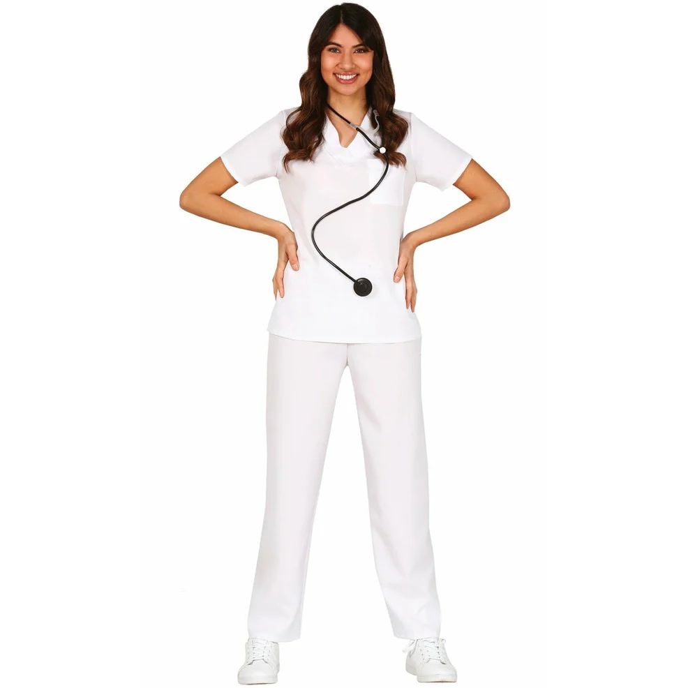 White V-Neck Scrubs with Stethoscope and Sneakers — Nurse Outfits 2027