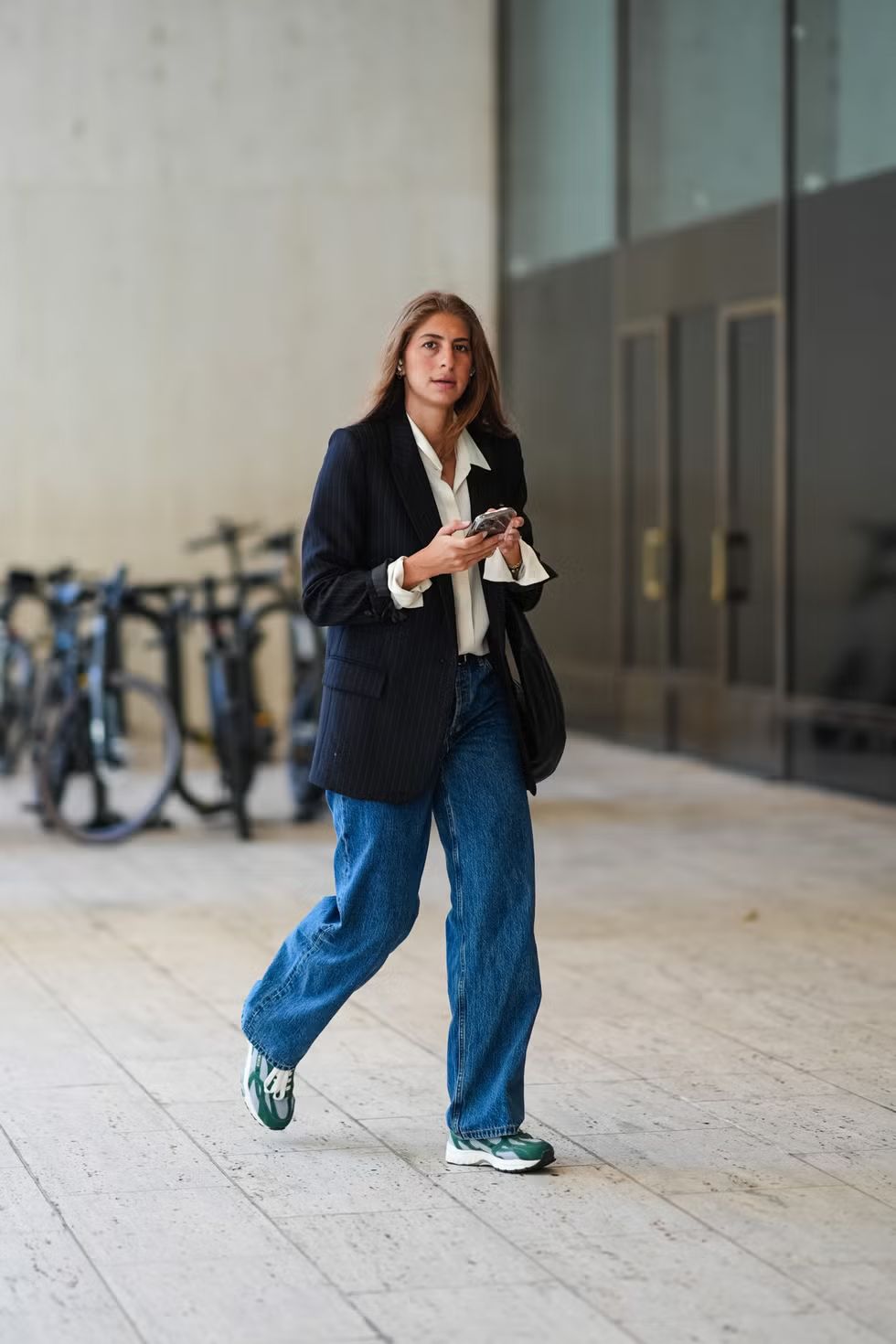 Everyday Casual Work Navy Pinstripe Blazer with Wide-Leg Jeans and Sneakers Everyday Casual Work Navy Pinstripe Blazer with Wide-Leg Jeans and Sneakers — Everyday Outfits 2027