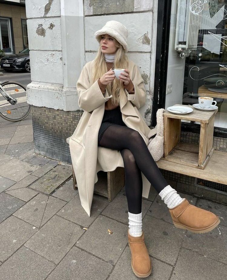 Cream Wool Coat and Brown Uggs with Fuzzy Bucket Hat Cream Wool Coat and Brown Uggs with Fuzzy Bucket Hat — Uggs Outfits 2027