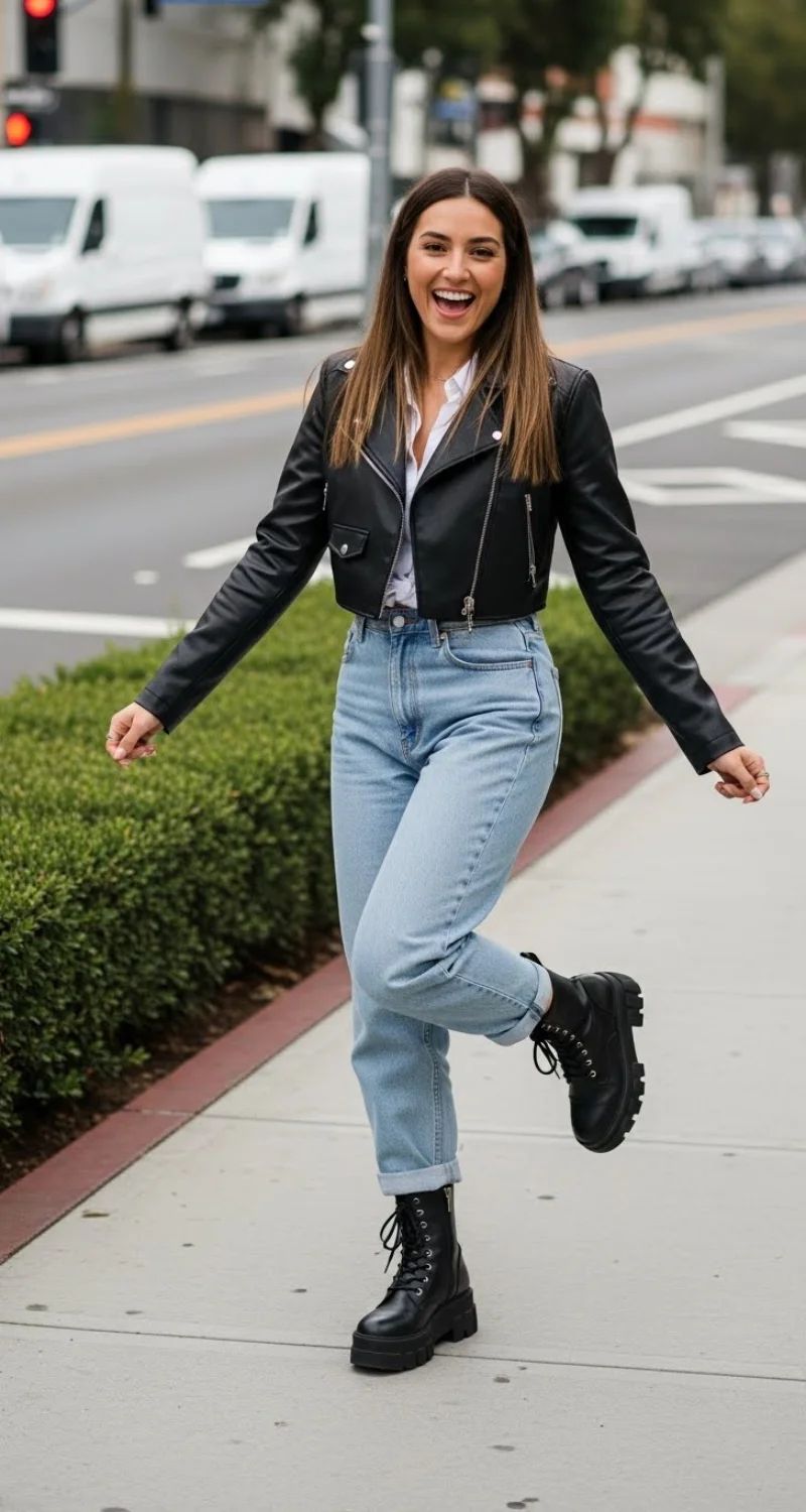 Urban Edge: Dr. Martens Combat Boots with Mom Jeans and a Biker Jacket Urban Edge: Dr. Martens Combat Boots with Mom Jeans and a Biker Jacket — Doc Martens Outfits 2027