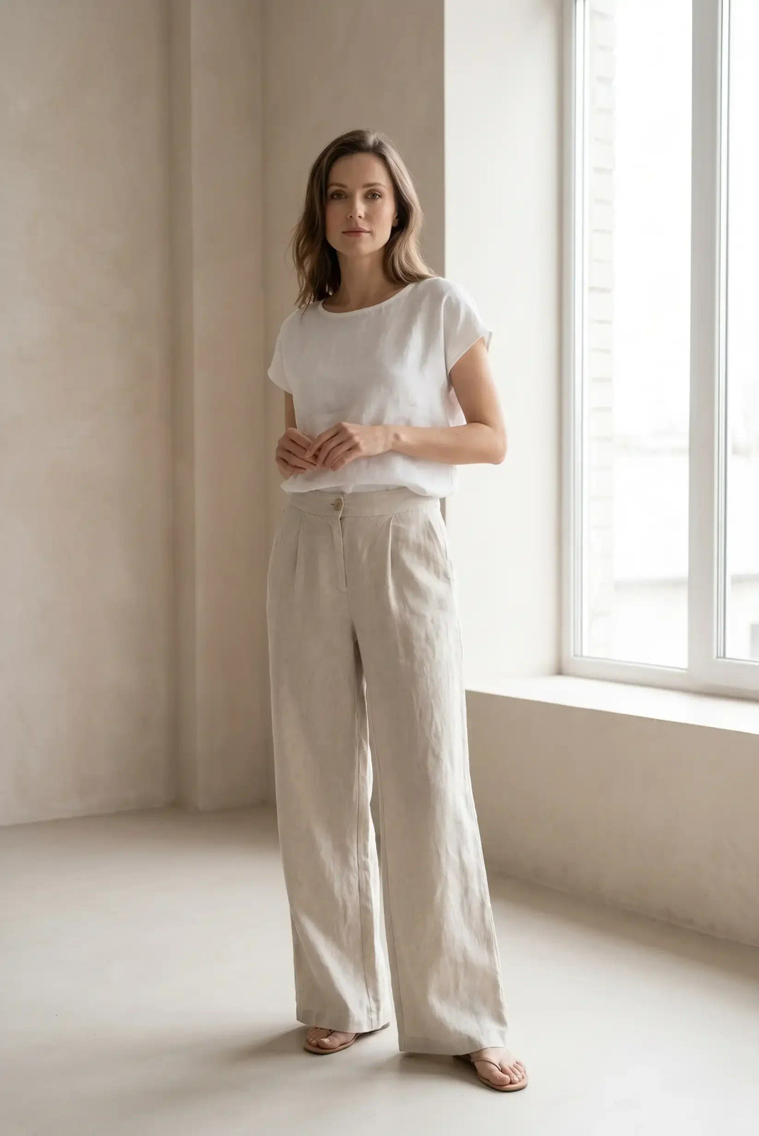 Daytime Casual White T-Shirt and Beige Linen Wide-Leg Trousers Daytime Casual White T-Shirt and Beige Linen Wide-Leg Trousers — Linen Outfits 2027