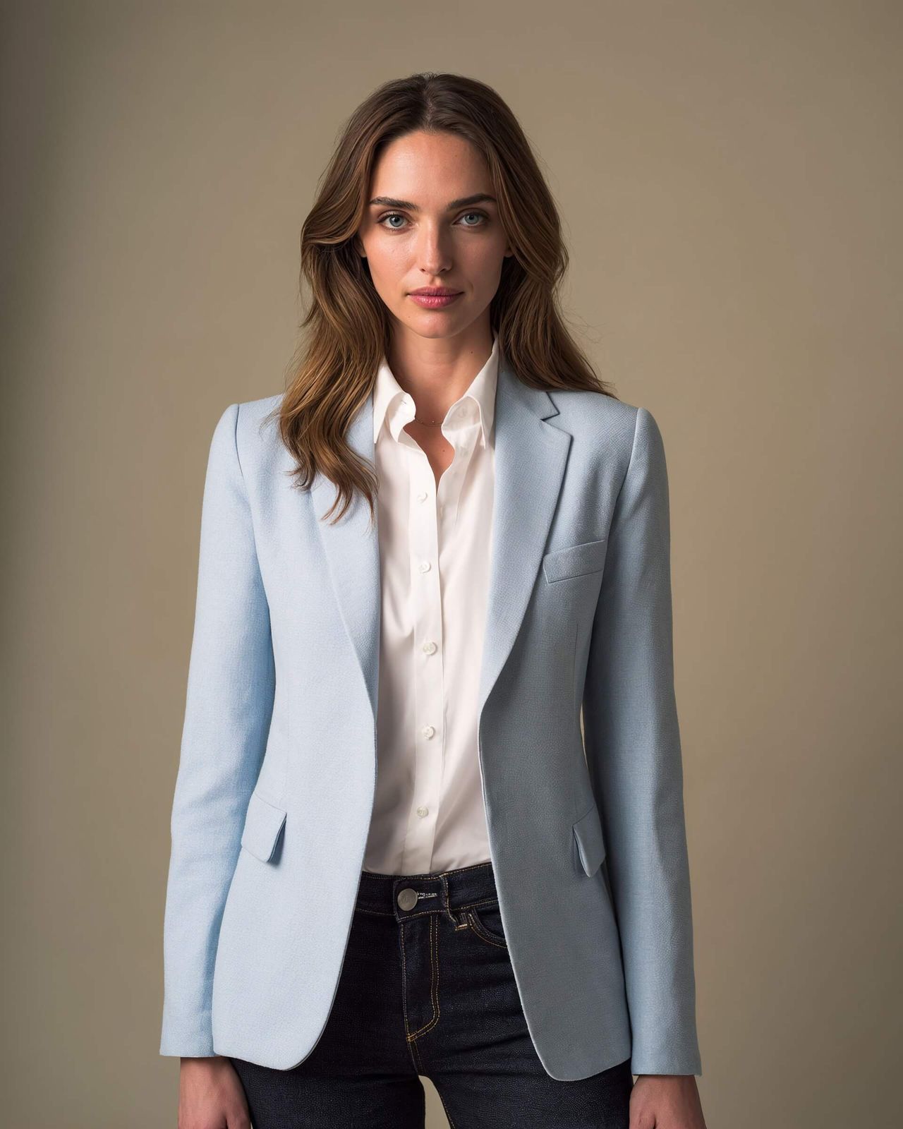 Pop of Color: Light Blue Blazer with White Shirt and Jeans Pop of Color: Light Blue Blazer with White Shirt and Jeans — Interview Outfits 2027