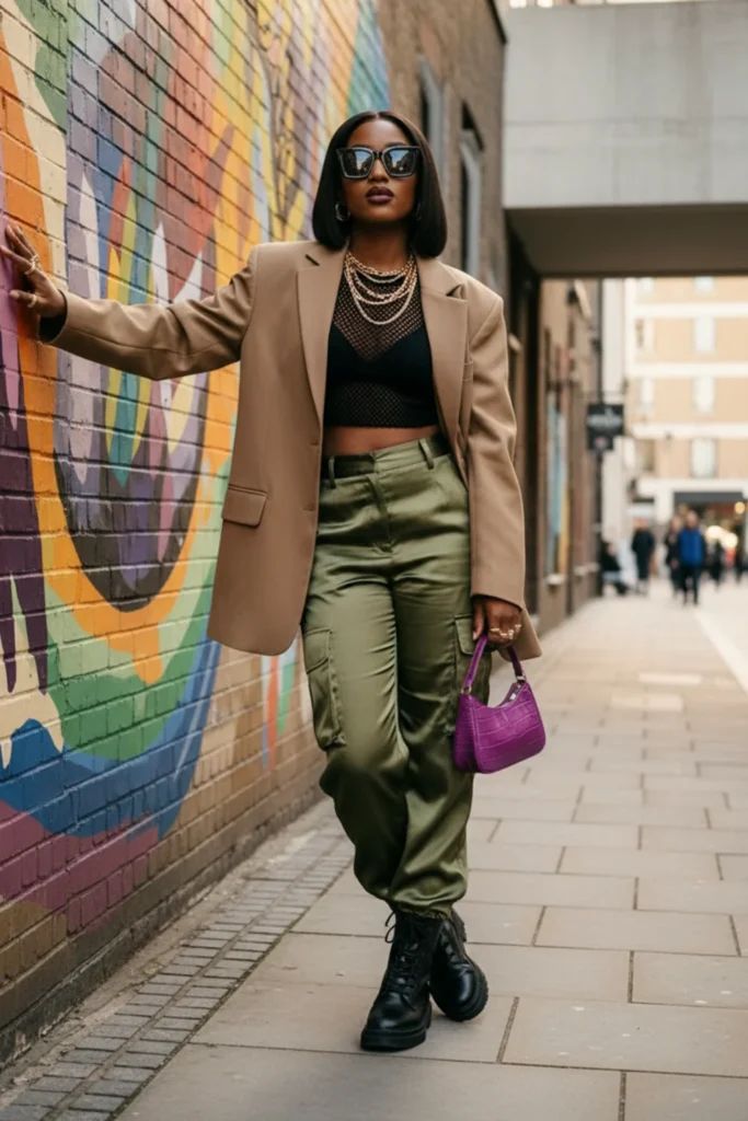 Tan Blazer and Satin Cargo Pants: Elevated Streetwear Baddie Tan Blazer and Satin Cargo Pants: Elevated Streetwear Baddie — Baddie Outfits 2027