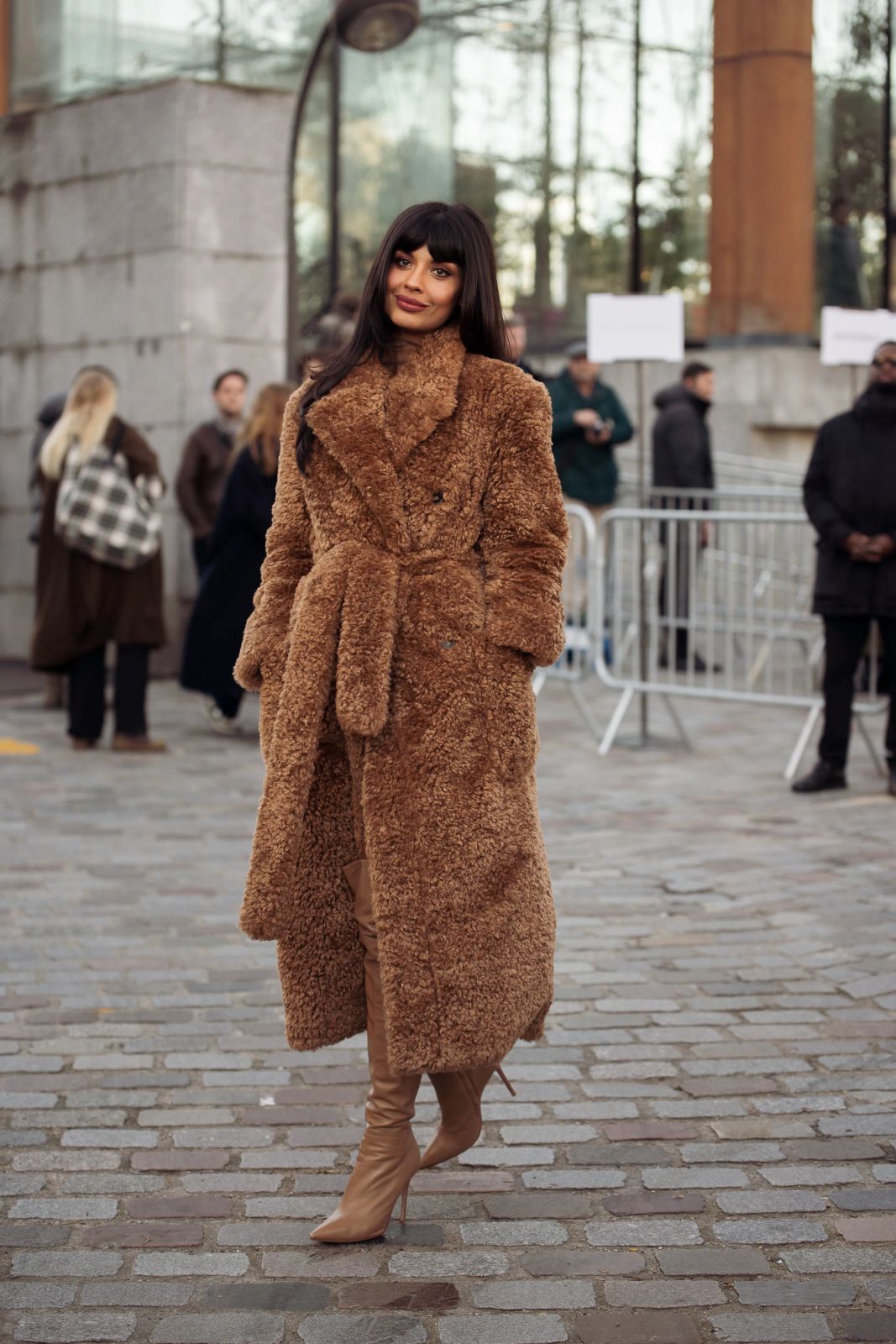 Long Belted Brown Teddy Coat with White Top and Tan Boots — Teddy Coat Outfits 2027