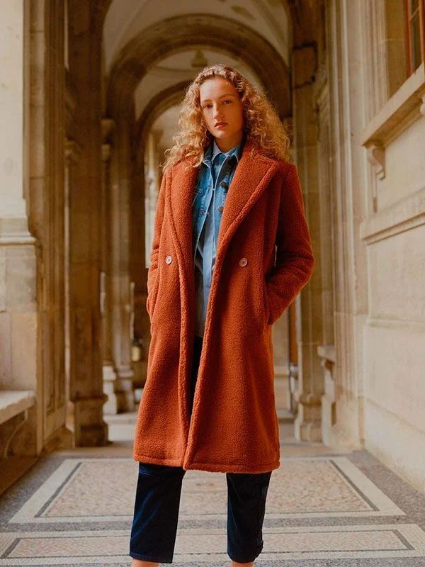 Burnt Orange Teddy Coat with Denim Shirt and Navy Trousers — Teddy Coat Outfits 2027