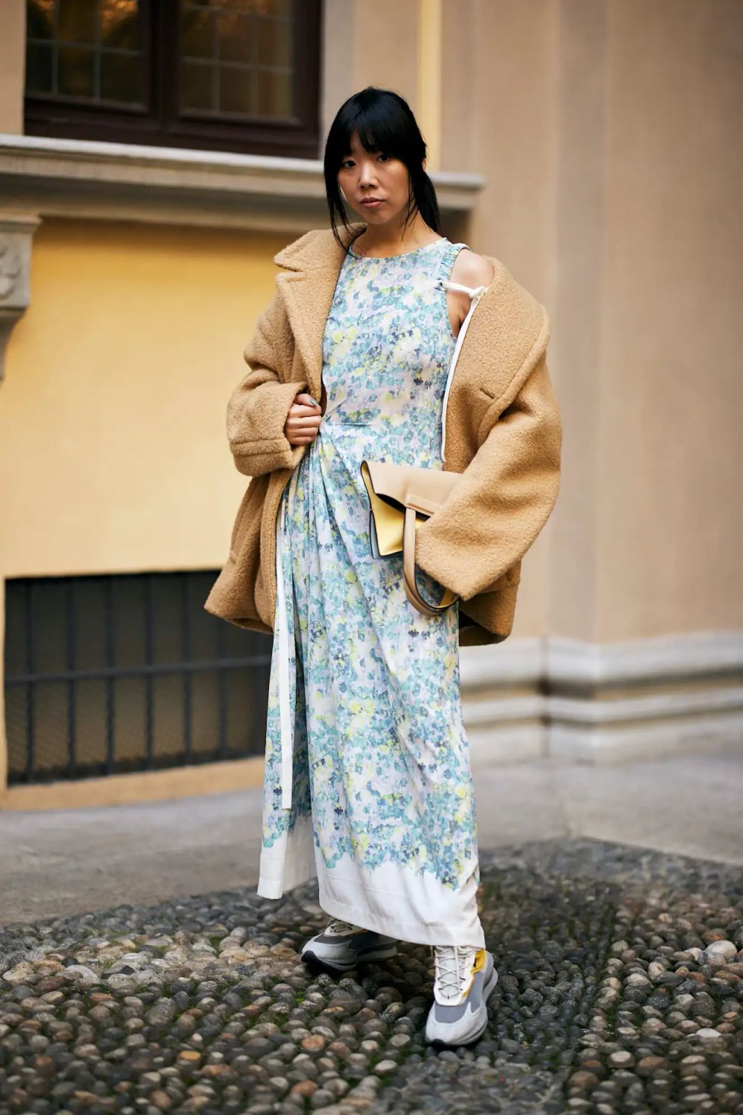 Camel Teddy Coat with Floral Dress and Sneakers — Teddy Coat Outfits 2027