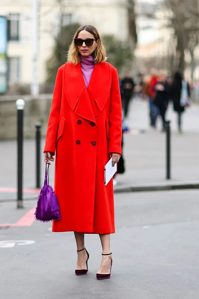 Vibrant Red Coat with Purple Turtleneck and Dark Red Heels Vibrant Red Coat with Purple Turtleneck and Dark Red Heels — Pink and Red Outfits 2027