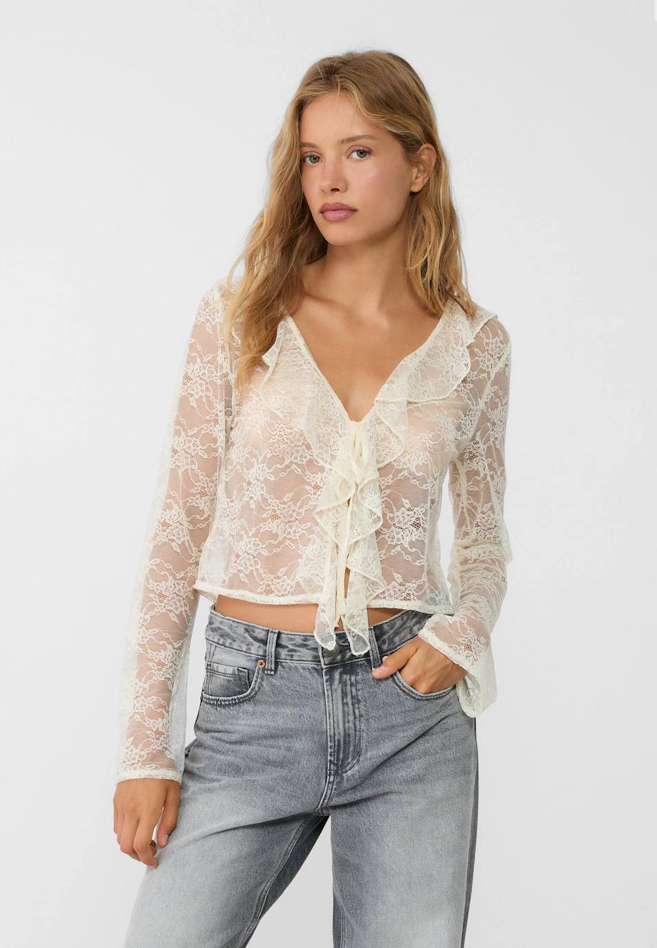 Sheer Lace Ruffle Top with Straight-Leg Jeans for Delicate Casual Style Sheer Lace Ruffle Top with Straight-Leg Jeans for Delicate Casual Style — Ruffle Top Outfits 2027