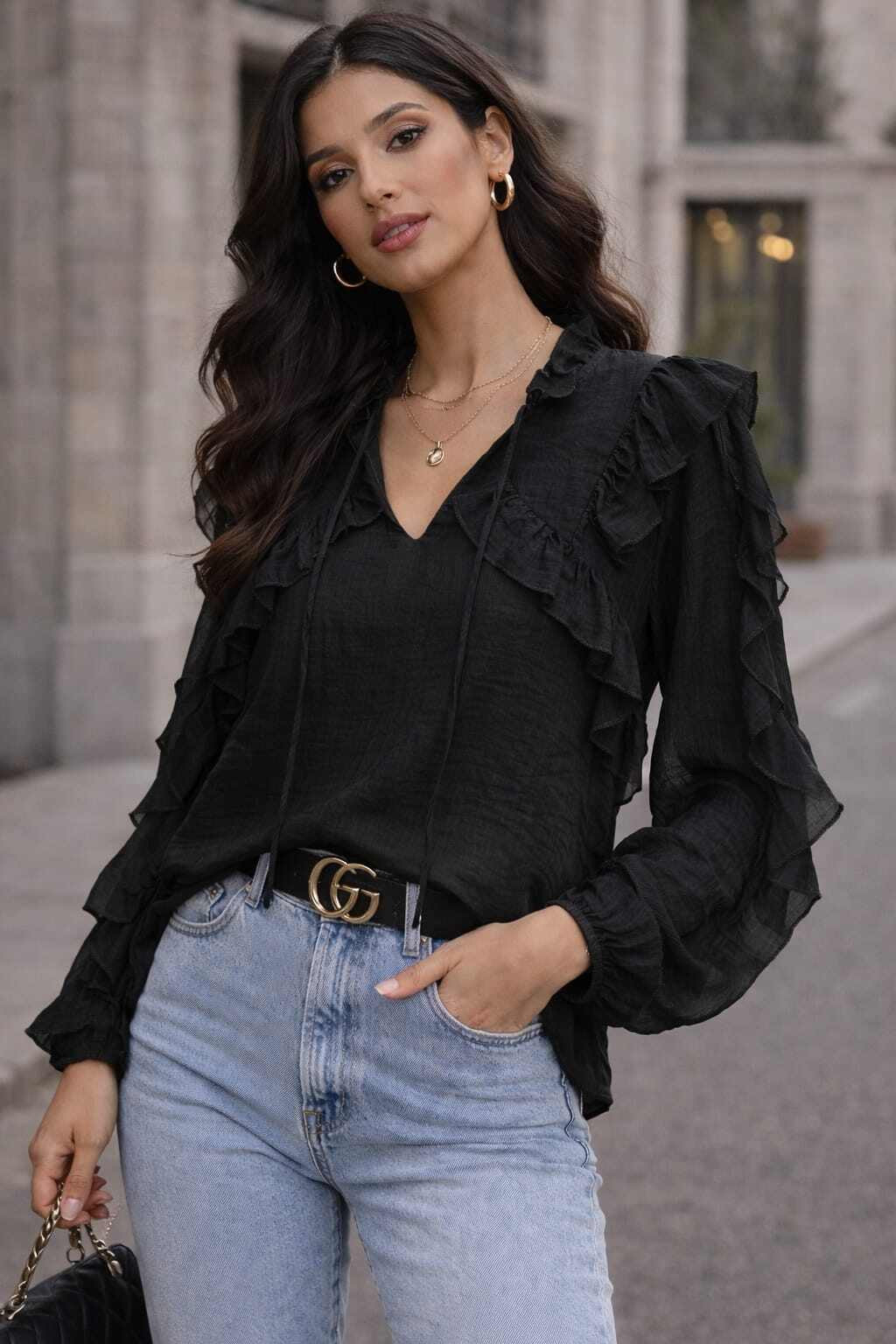 Tiered Ruffle Blouse with Light Wash Jeans for Smart Casual Appeal Tiered Ruffle Blouse with Light Wash Jeans for Smart Casual Appeal — Ruffle Top Outfits 2027
