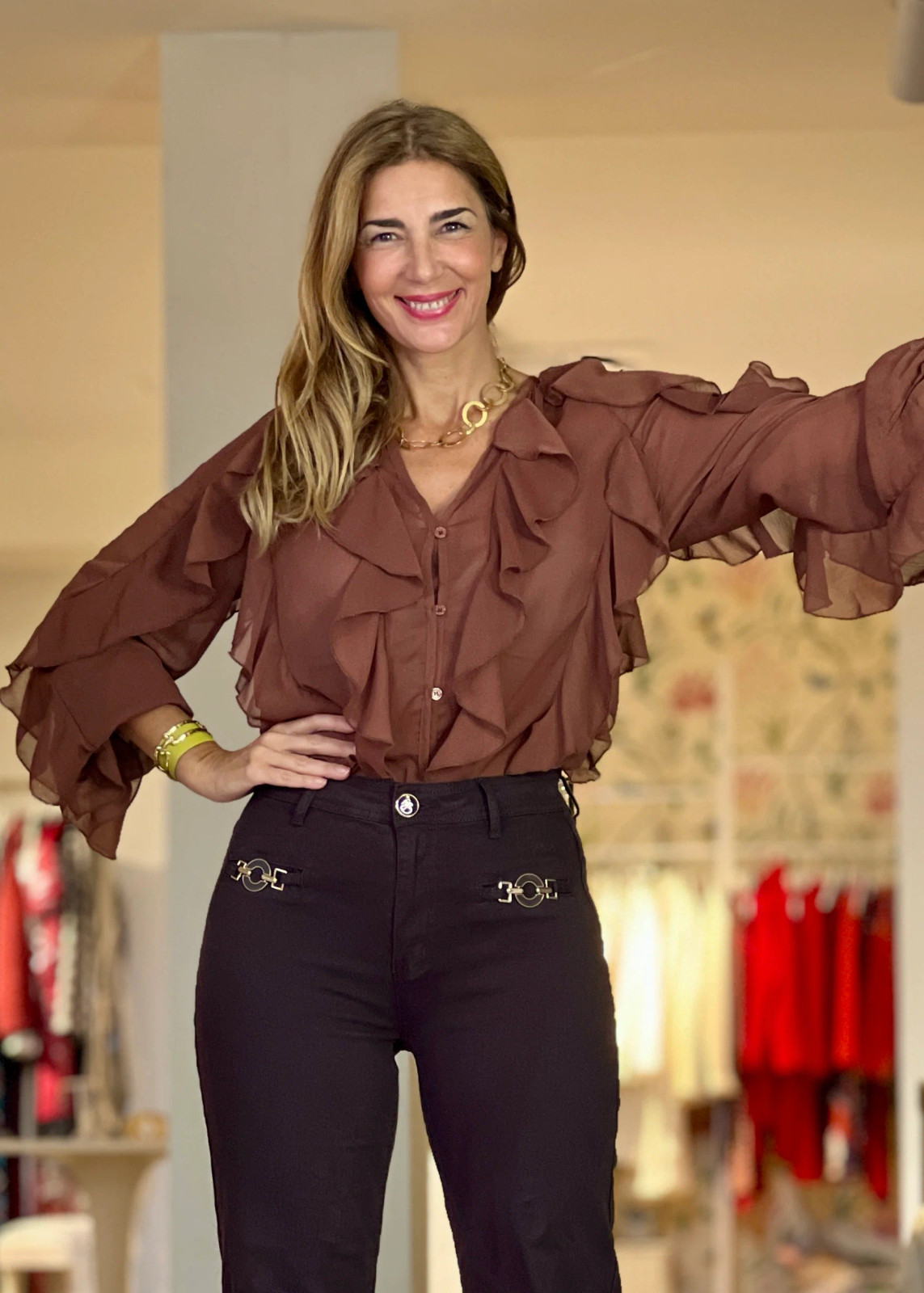 Brown Sheer Ruffled Blouse with Dark Trousers for Sophisticated Casual Brown Sheer Ruffled Blouse with Dark Trousers for Sophisticated Casual — Ruffle Top Outfits 2027