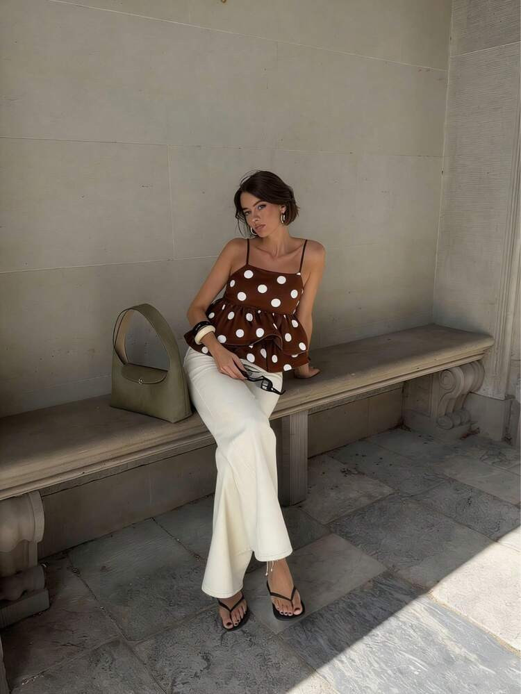Brown Polka Dot Ruffle Camisole with White Wide-Leg Trousers for Summer Days Brown Polka Dot Ruffle Camisole with White Wide-Leg Trousers for Summer Days — Ruffle Top Outfits 2027