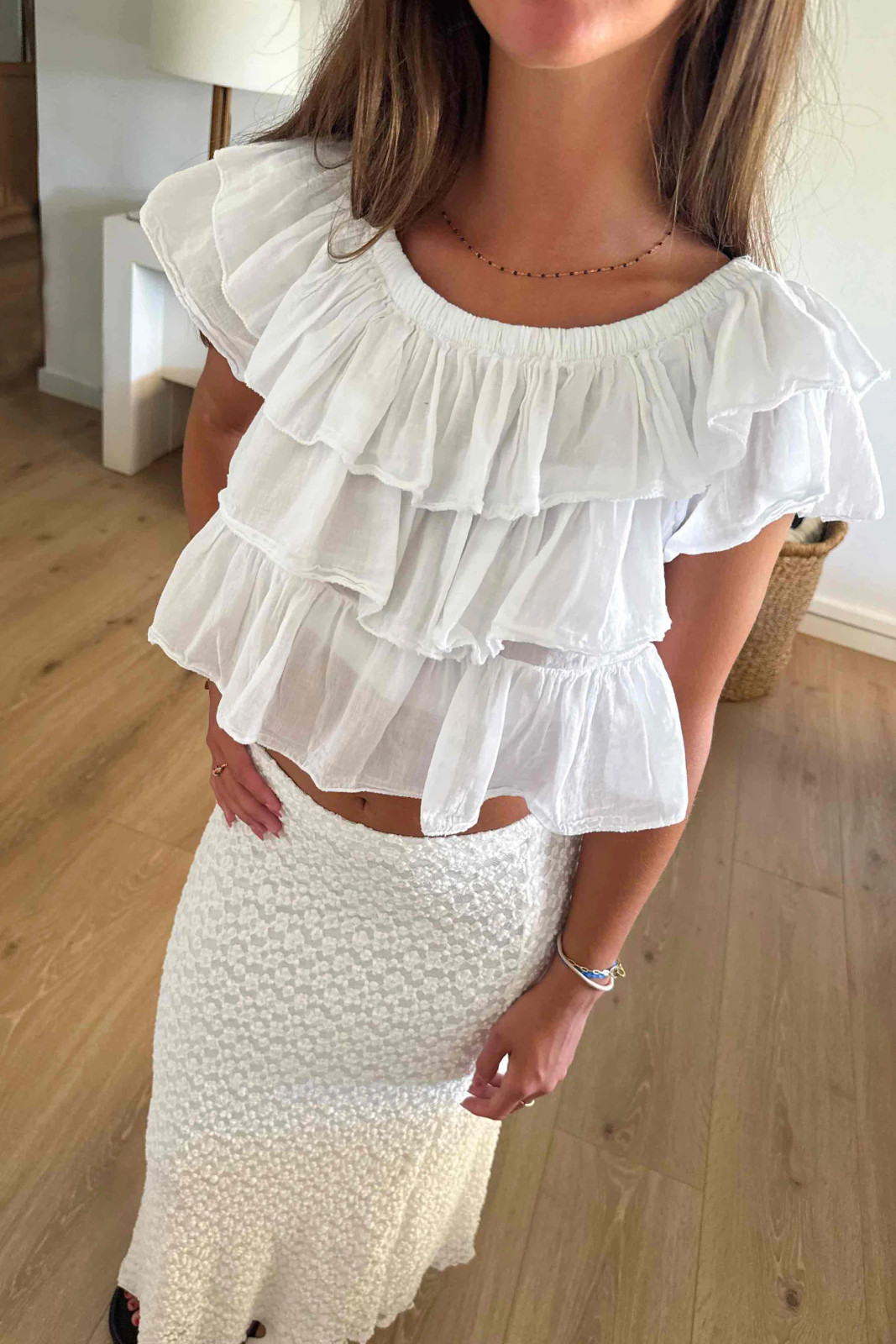 White Tiered Ruffle Crop Top with Lace Midi Skirt for Casual Summer White Tiered Ruffle Crop Top with Lace Midi Skirt for Casual Summer — Ruffle Top Outfits 2027