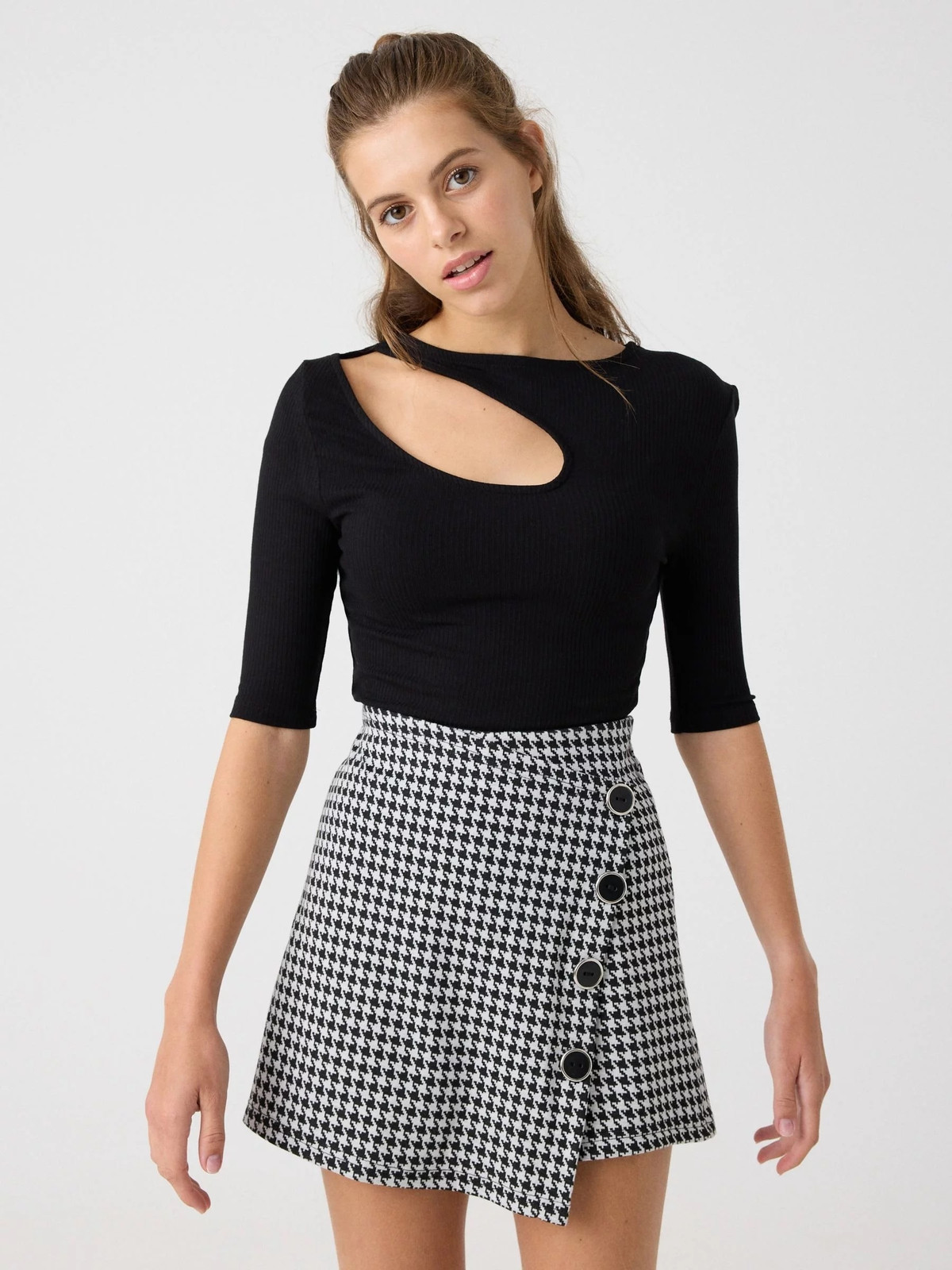 Houndstooth Mini Skort with Cutout Ribbed Top Houndstooth Mini Skort with Cutout Ribbed Top — Skort Outfits 2027