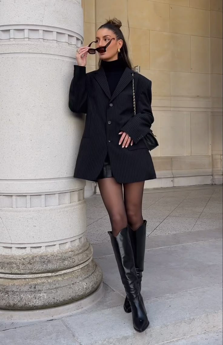 Black Pinstripe Blazer and Mini Skirt with Black Knee-High Boots Black Pinstripe Blazer and Mini Skirt with Black Knee-High Boots — Knee High Boots Outfits 2027