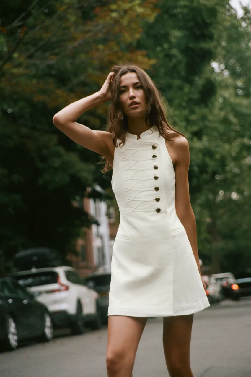Textured Off-White A-Line Mini Dress with Button Detail — Mini Dresses 2027