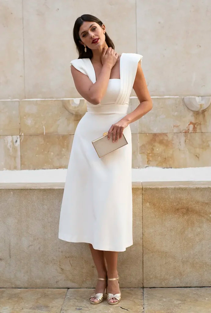 Modern White: Midi Dress with Structured Shoulders for Mother's Day Modern White: Midi Dress with Structured Shoulders for Mother's Day — Mothers Day Outfits 2027