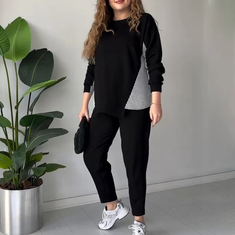 Black Knit Set with Asymmetrical Stripe Panel and White Sneakers Black Knit Set with Asymmetrical Stripe Panel and White Sneakers — Matching Set Outfits 2027