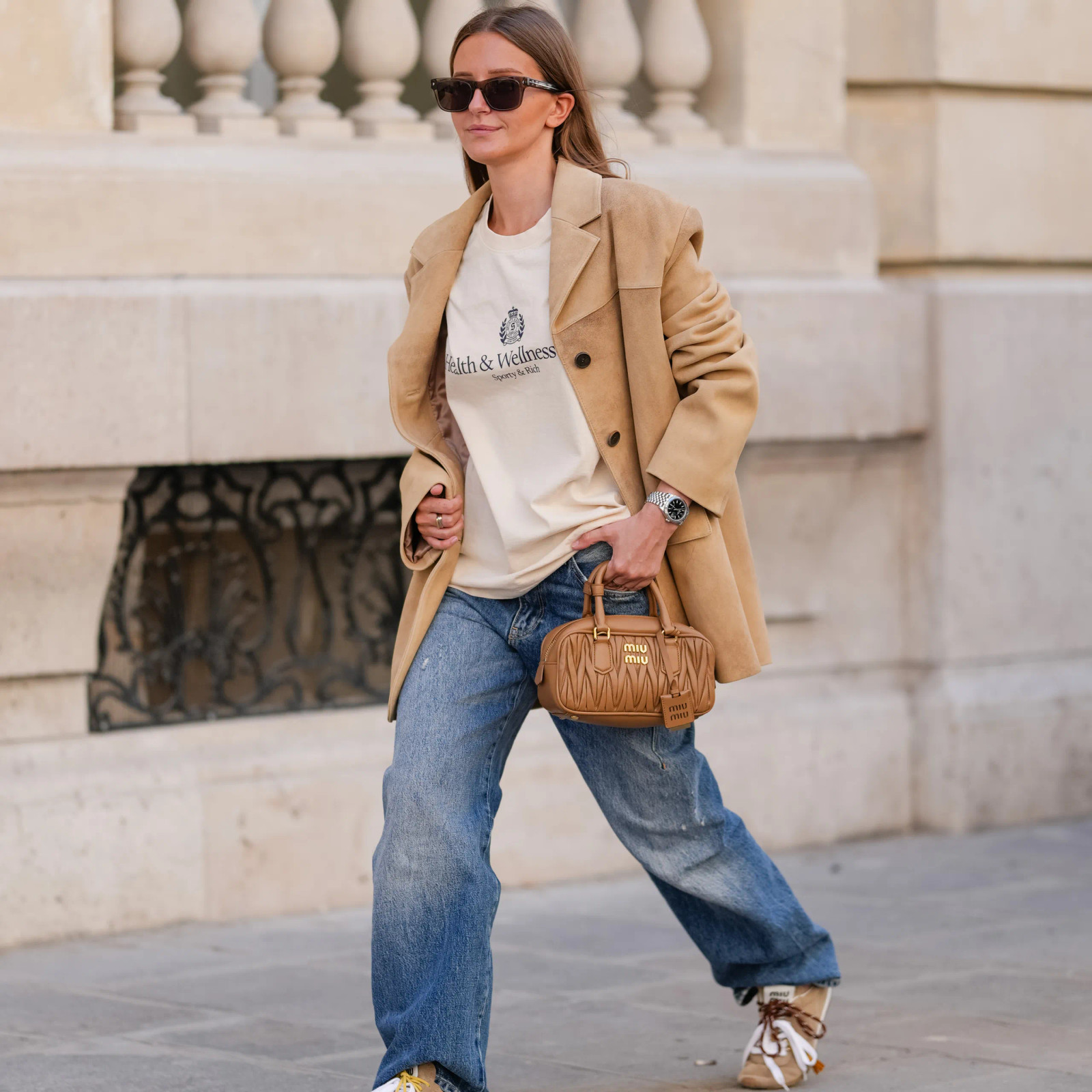 Casual Chic: Camel Suede Blazer and Graphic Tee — Trendy Outfits 2027