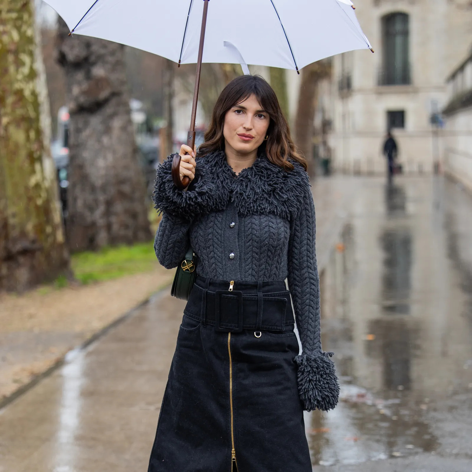 Textured Knitwear Meets Denim Skirt in the Rain — Trendy Outfits 2027