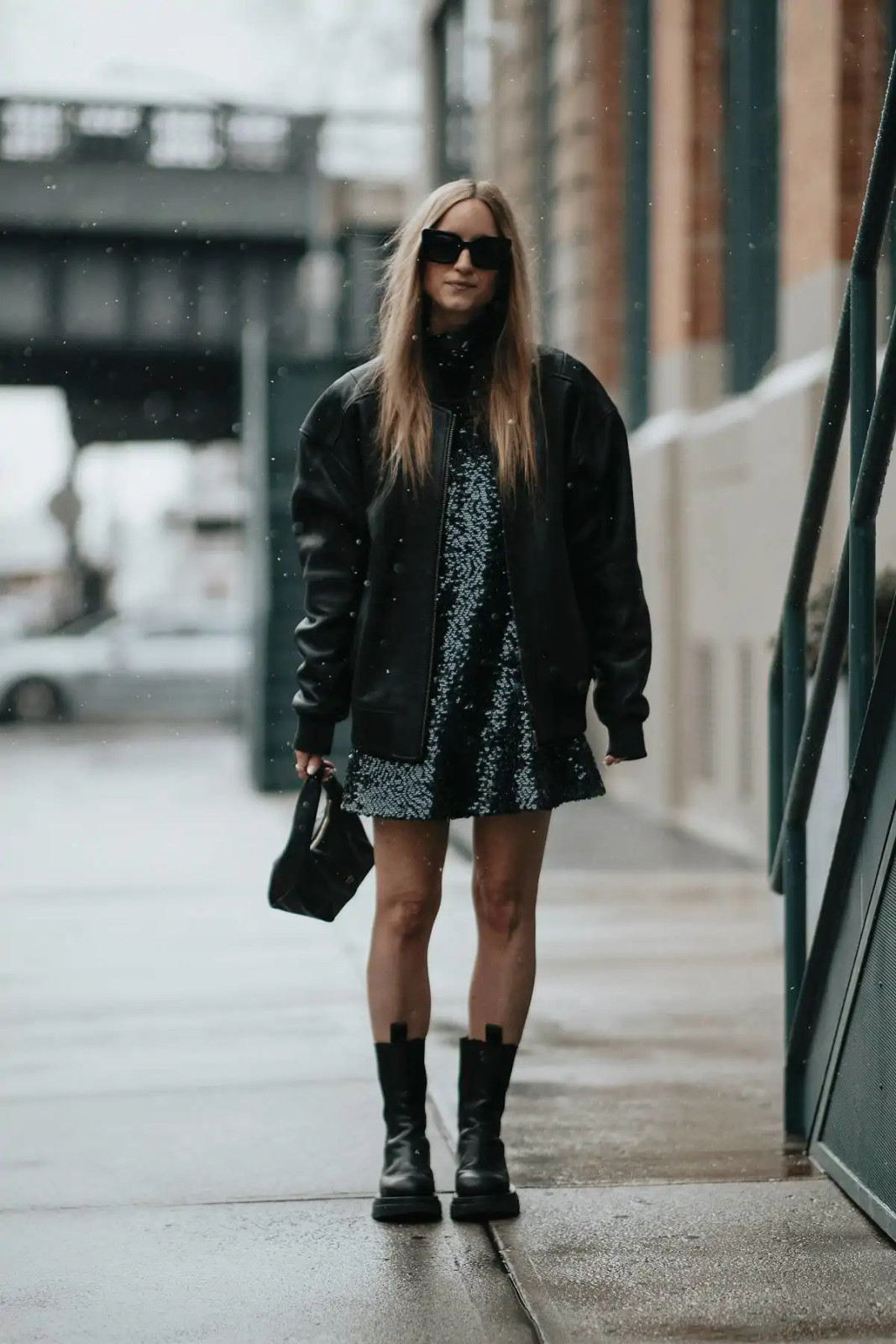 Sequined Mini Dress with Leather Jacket and Combat Boots Sequined Mini Dress with Leather Jacket and Combat Boots — Combat Boots Outfits 2027