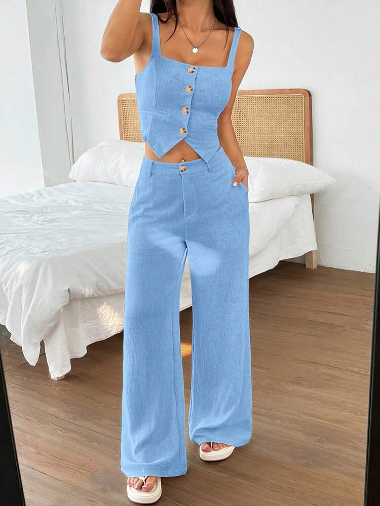 Sky Blue Linen-Like Set: Cropped Vest and Trousers Sky Blue Linen-Like Set: Cropped Vest and Trousers — Sky Blue Outfits 2027