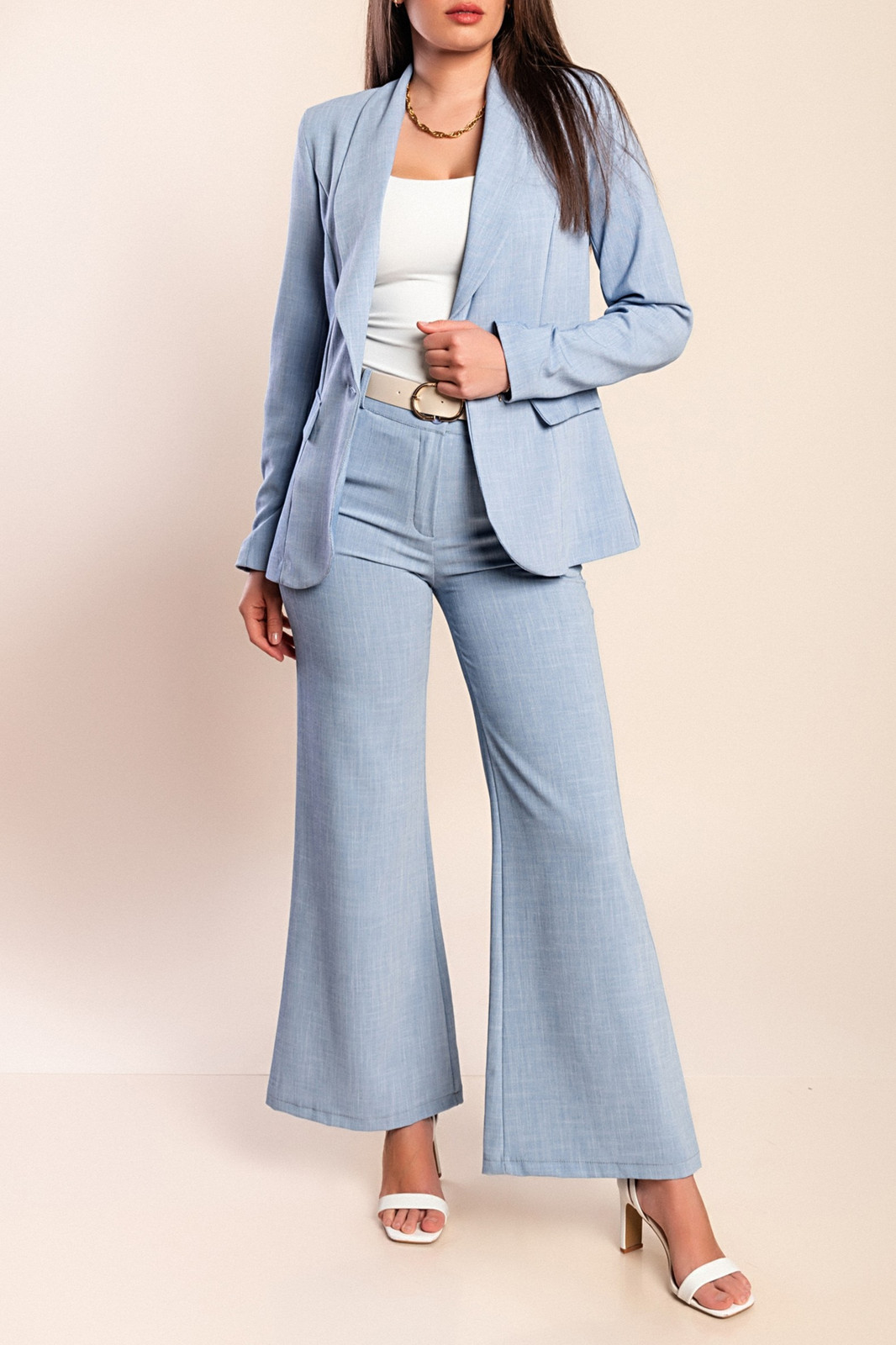 Sky Blue Linen Blend Suit with Flared Trousers Sky Blue Linen Blend Suit with Flared Trousers — Sky Blue Outfits 2027