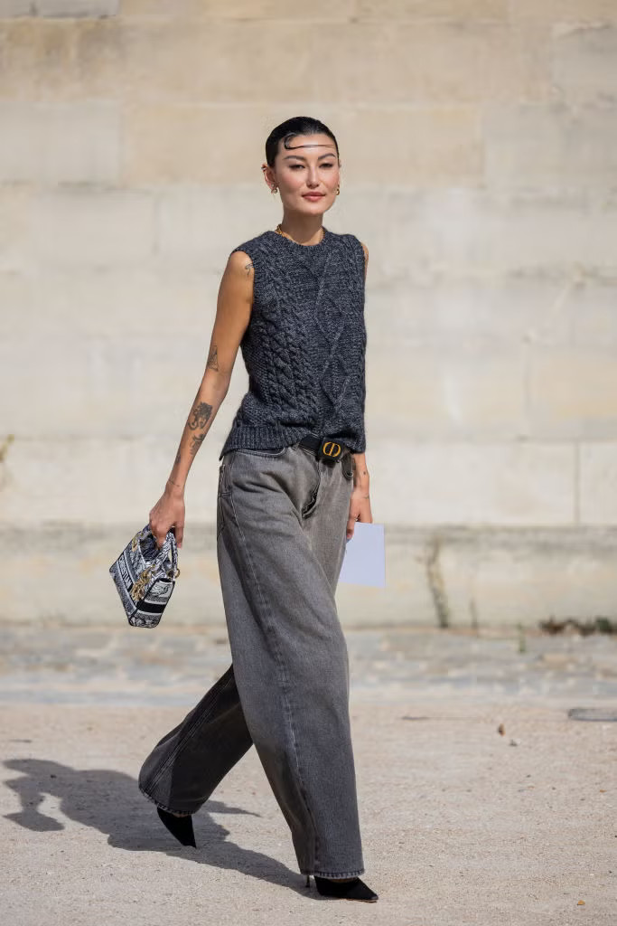 Monochromatic Grey Knit Vest and Wide-Leg Denim Monochromatic Grey Knit Vest and Wide-Leg Denim — Paris Outfits 2027