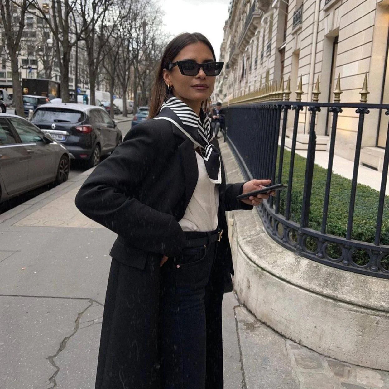 Longline Black Blazer with Striped Scarf Longline Black Blazer with Striped Scarf — Paris Outfits 2027