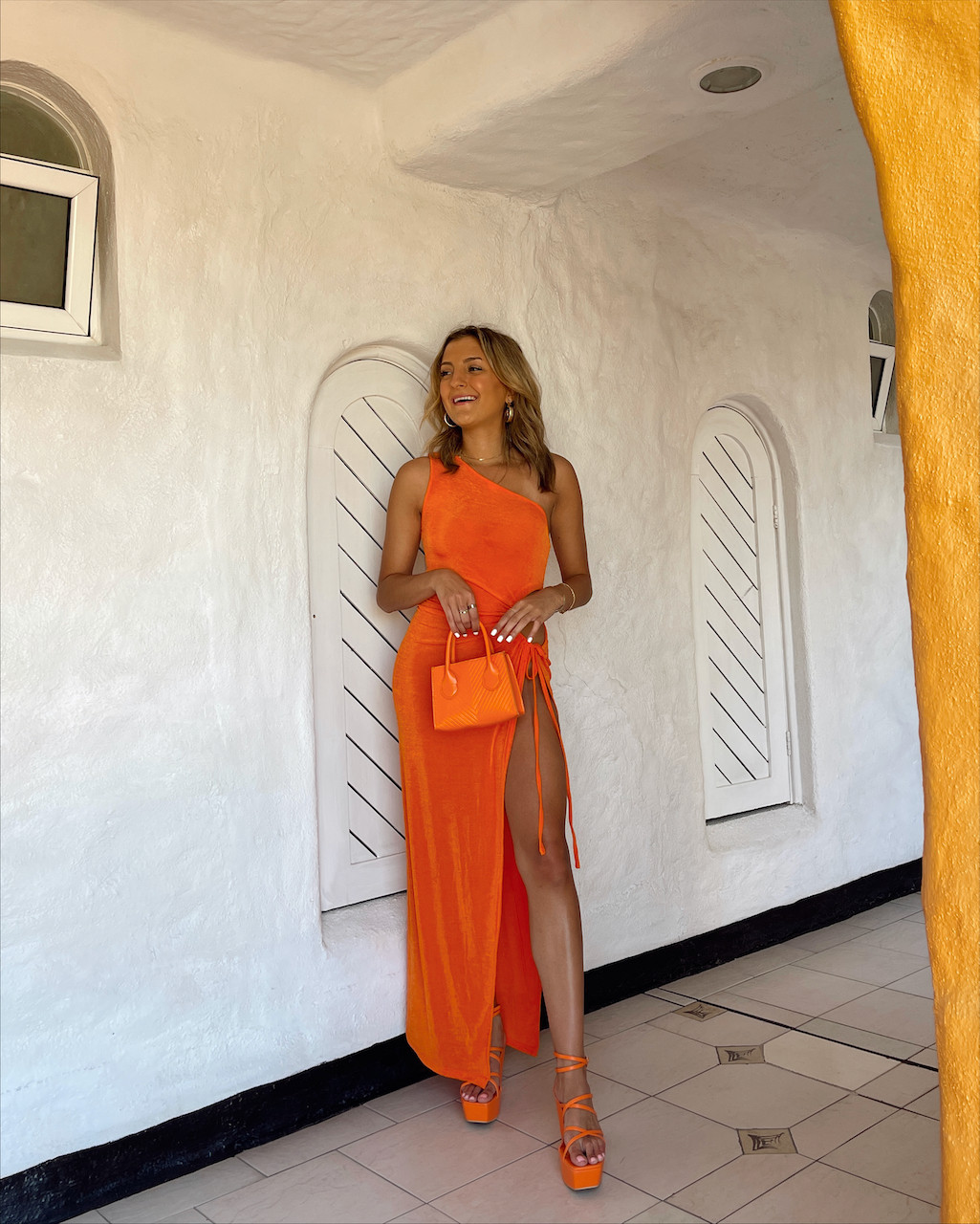 Bright Orange One-Shoulder Maxi Dress with High Slit Bright Orange One-Shoulder Maxi Dress with High Slit — Cabo Outfits 2027