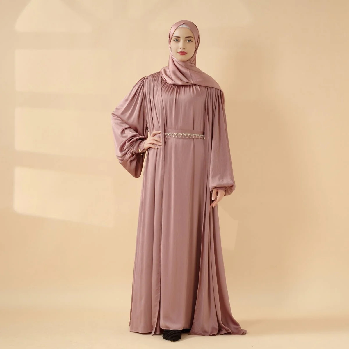 Flowing Pink Dress with Embellished Gold Belt Flowing Pink Dress with Embellished Gold Belt — Hijab Outfits 2027