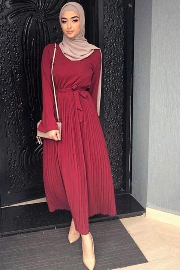Burgundy Pleated Dress with Taupe Hijab Burgundy Pleated Dress with Taupe Hijab — Hijab Outfits 2027