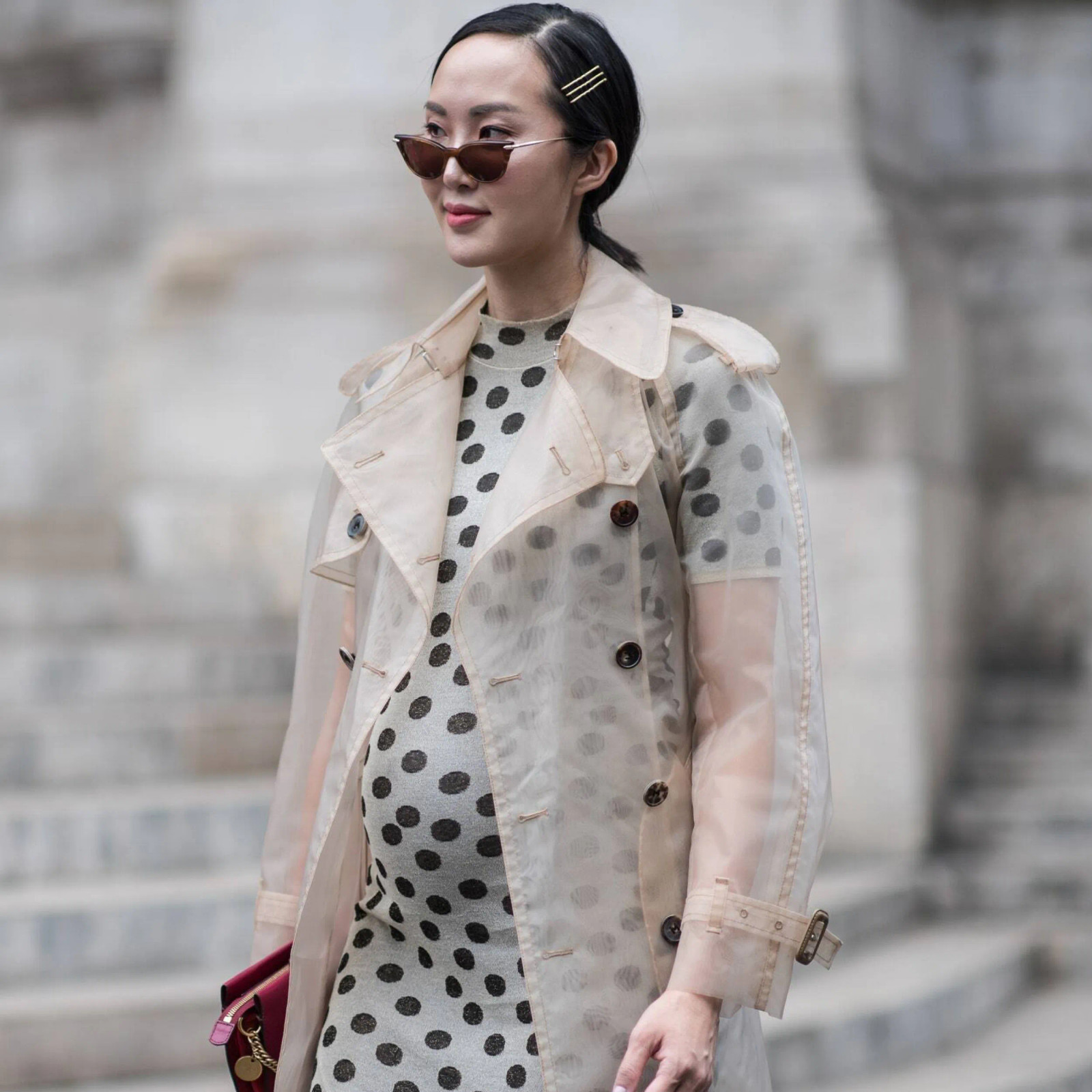 Playful Maternity Look: Polka Dot Dress with Transparent Trench Playful Maternity Look: Polka Dot Dress with Transparent Trench — Maternity Outfits 2027