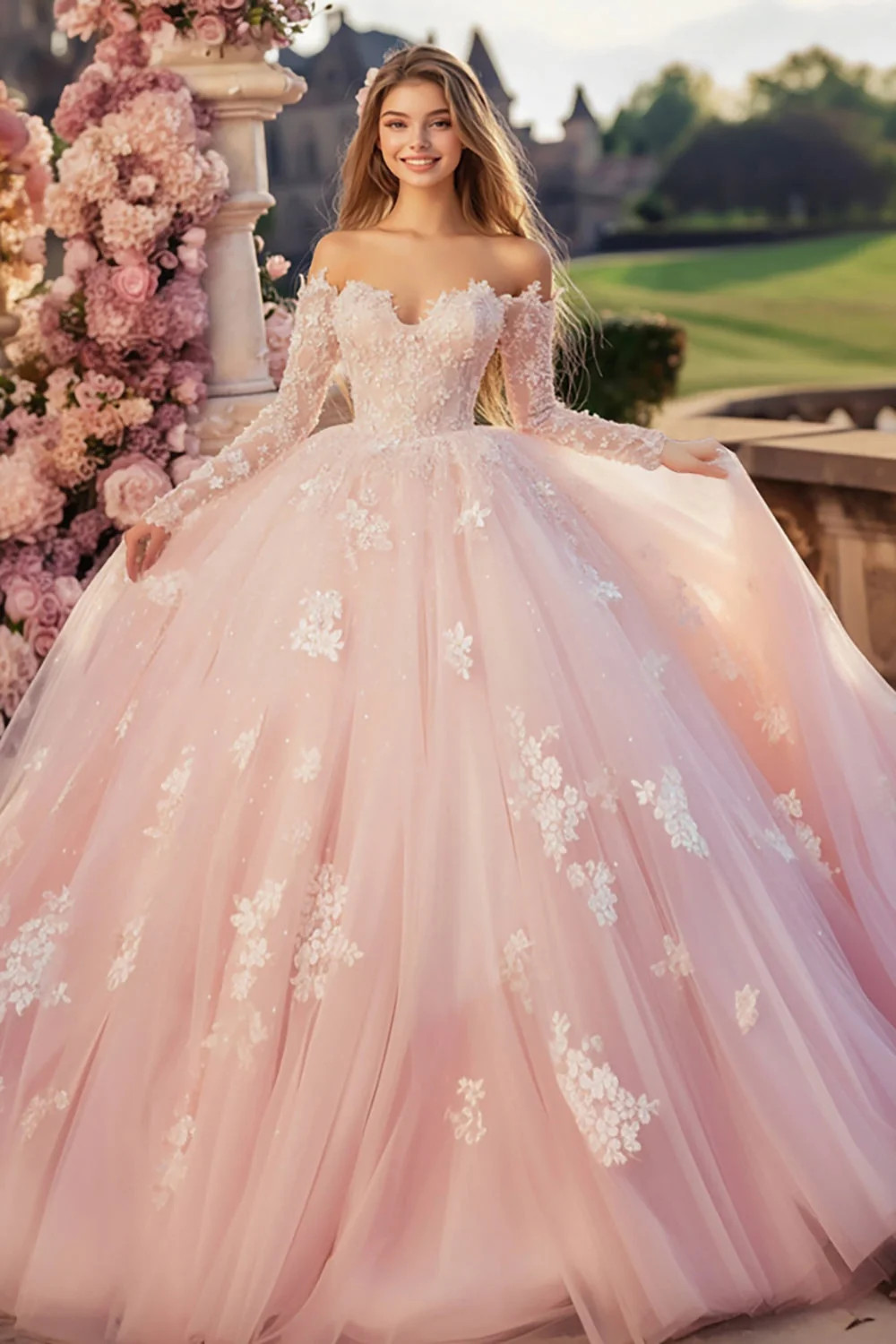 Light Pink Ball Gown with Delicate Floral Appliques Light Pink Ball Gown with Delicate Floral Appliques — Sweet 16 Dresses 2027