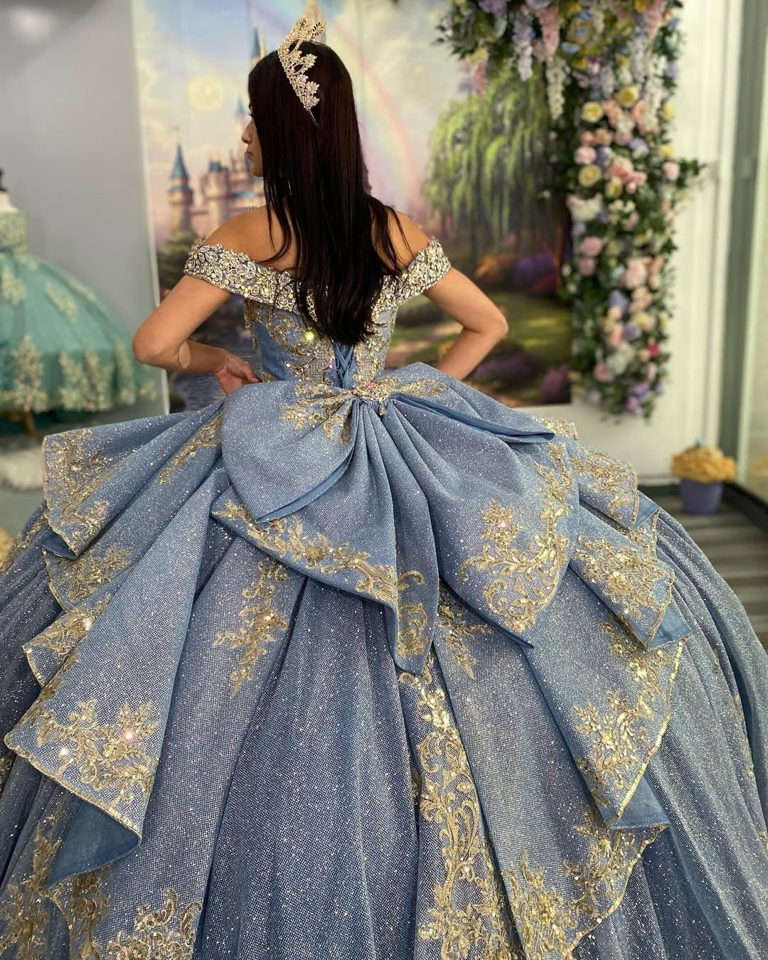 Light Blue Ball Gown with Gold Embroidery and Bow Light Blue Ball Gown with Gold Embroidery and Bow — Sweet 16 Dresses 2027