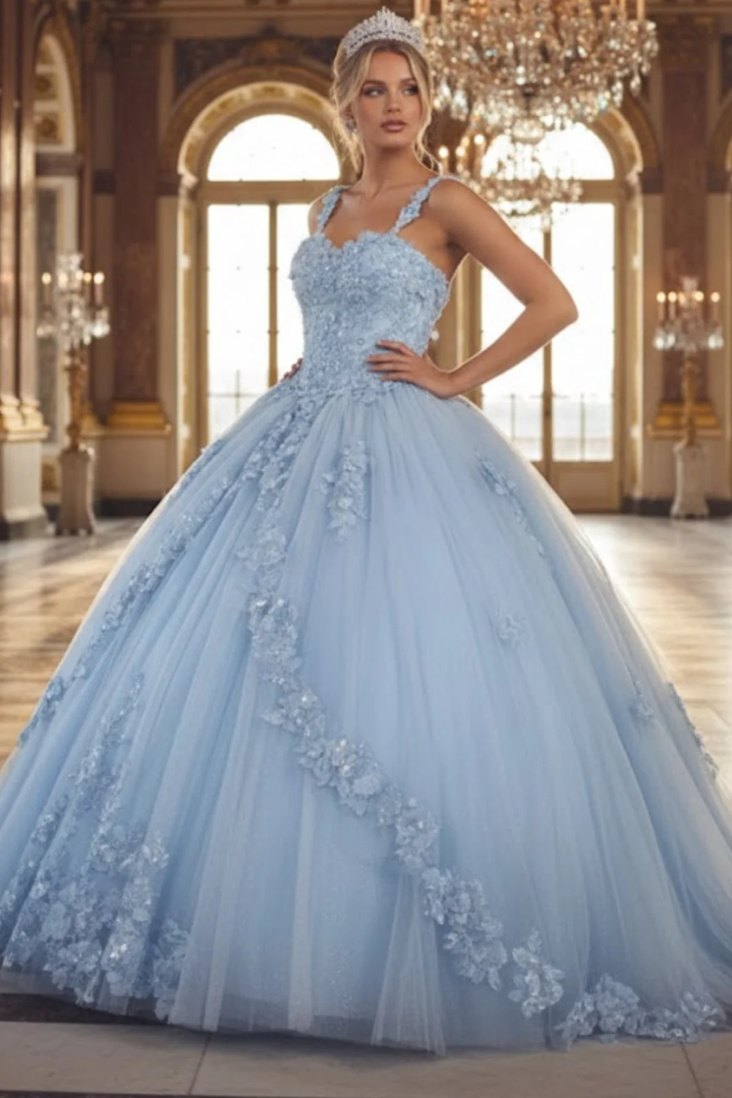 Light Blue Strapless Ballgown with Floral Sparkle Light Blue Strapless Ballgown with Floral Sparkle — Sweet 16 Dresses 2027