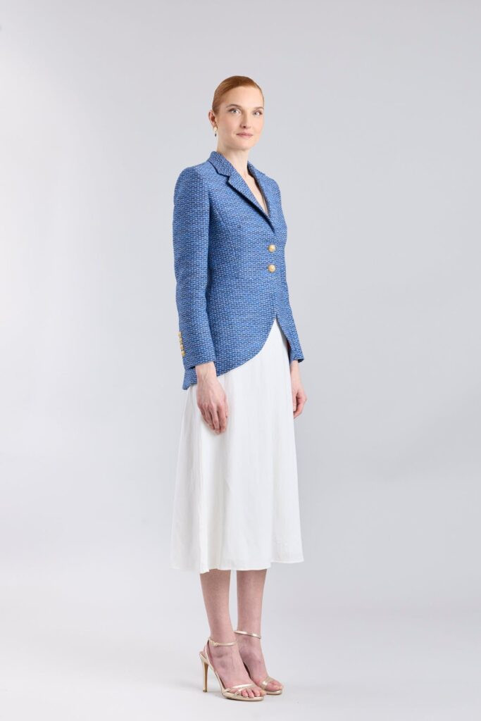 Blue Tweed Blazer with White Linen Skirt and Gold Accents Blue Tweed Blazer with White Linen Skirt and Gold Accents — Conference Outfits 2027