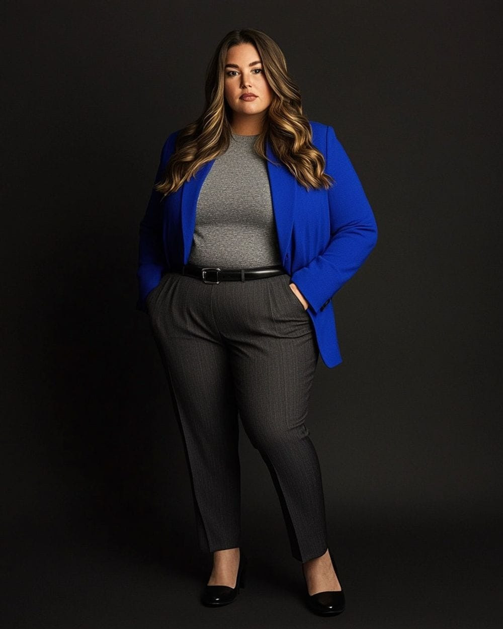 Cobalt Blue Blazer with Grey T-shirt and Trousers for Business Casual Cobalt Blue Blazer with Grey T-shirt and Trousers for Business Casual — Cobalt Blue Outfits 2027