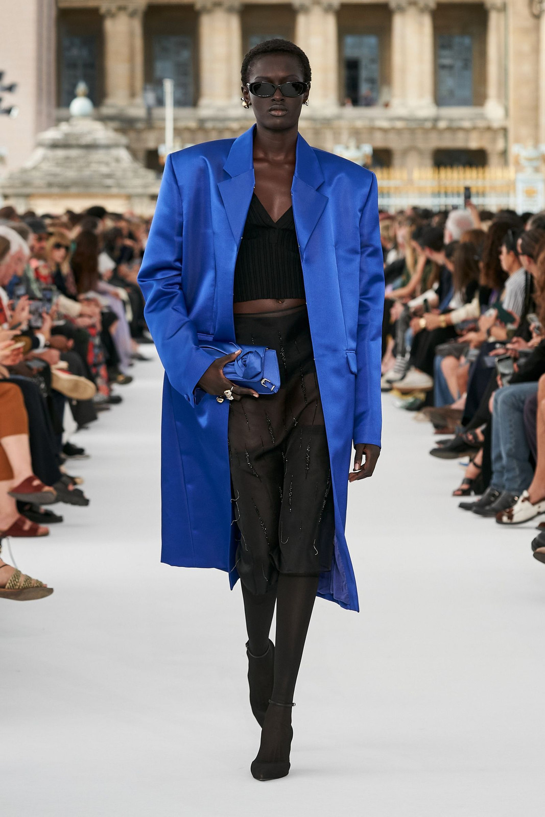 Oversized Cobalt Blue Satin Blazer with Sheer Skirt for Evening Glamour Cobalt Blue Outfits 2027