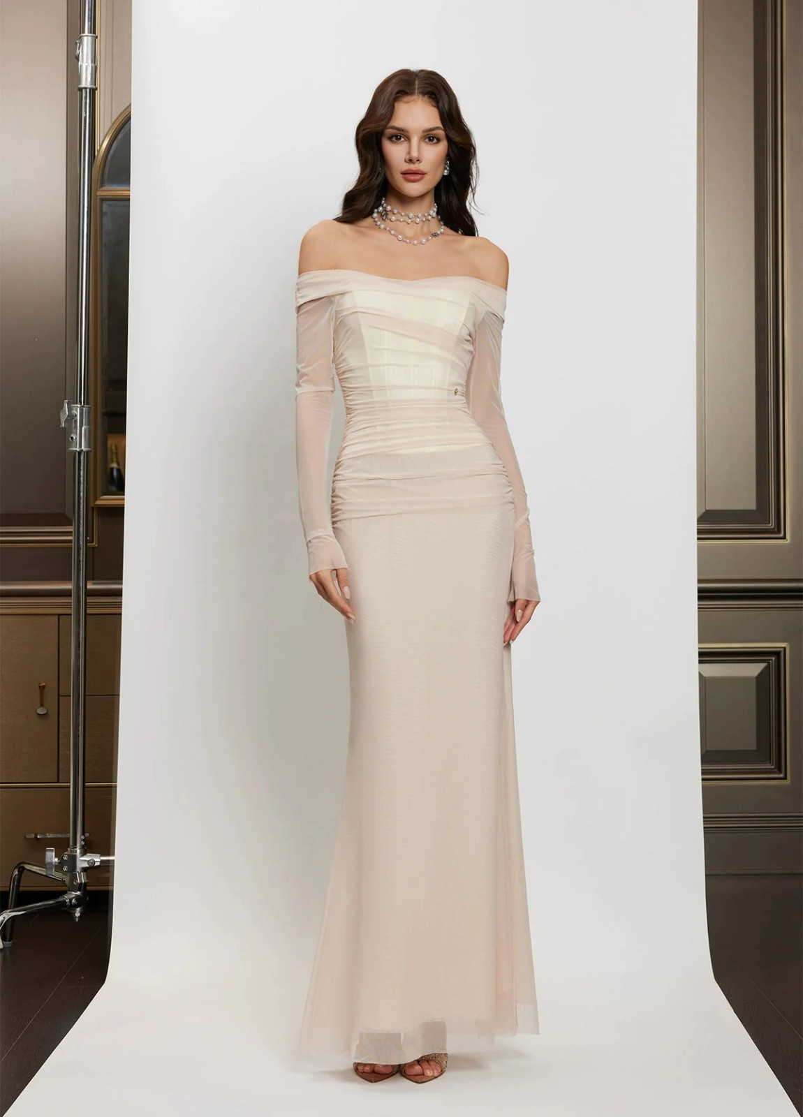 Beige Off-the-Shoulder Maxi Dress Styling: Layering Beige Off-the-Shoulder Maxi Dress Styling: Layering — Corset Dress Outfits 2027