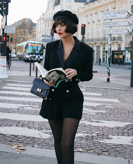 Blazer-Style Romper with Gold Buttons and Black Beret — French Girl Outfits 2027