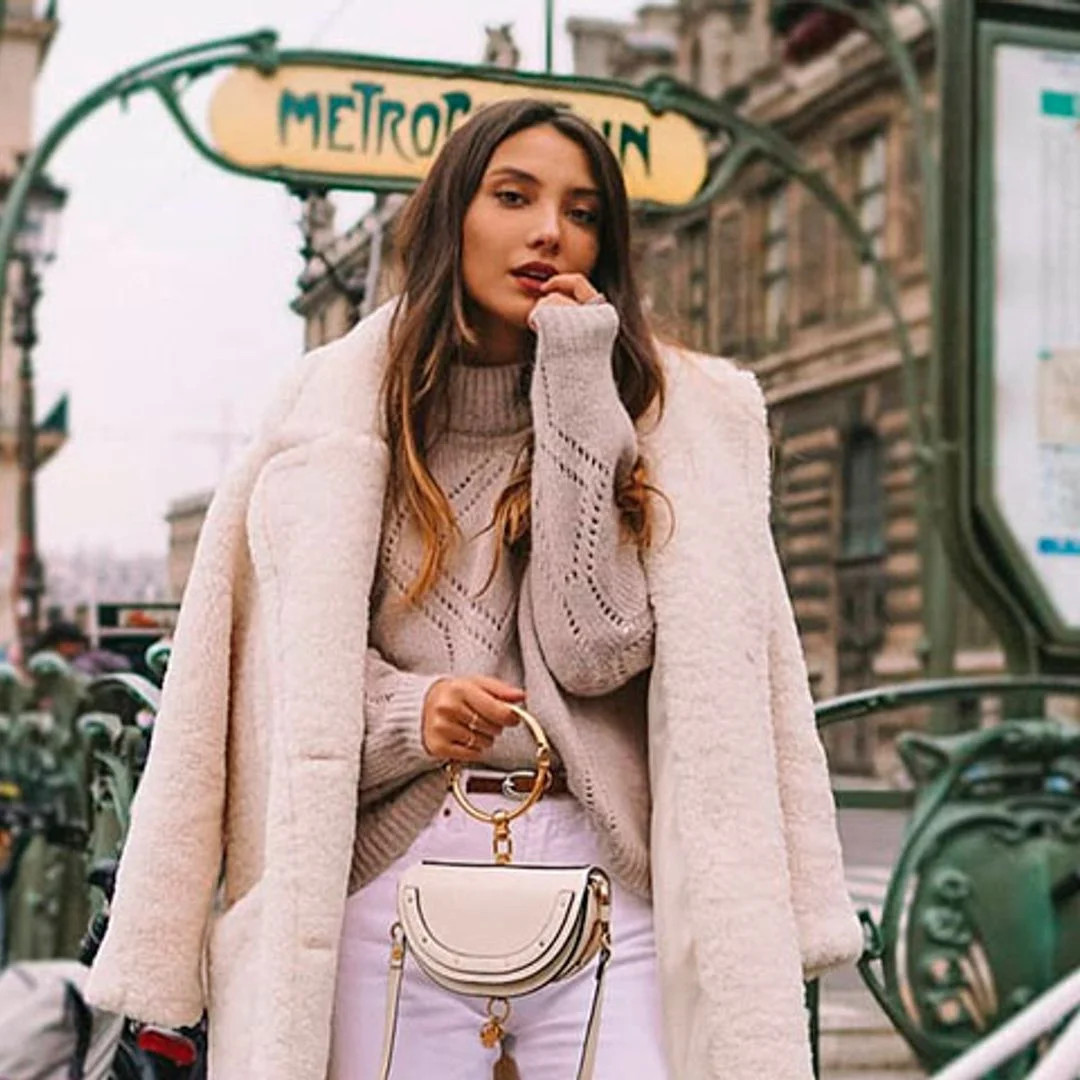 Cream Teddy Coat with Cable-Knit Sweater and White Trousers — French Girl Outfits 2027