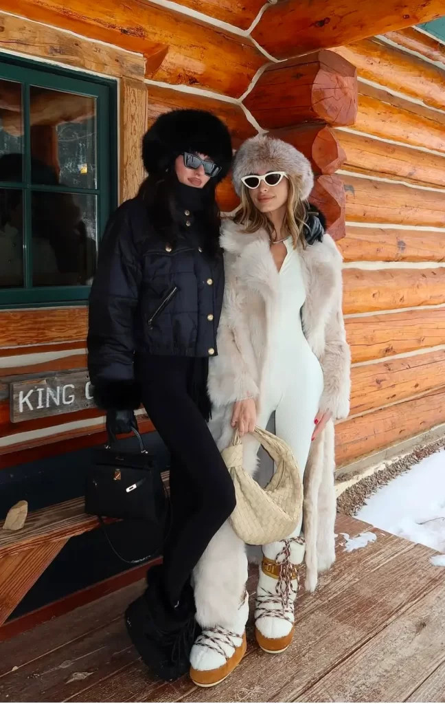 Cream Fur Coat Over Fitted Jumpsuit with Moon Boots Cream Fur Coat Over Fitted Jumpsuit with Moon Boots — Apres Ski Outfits 2027