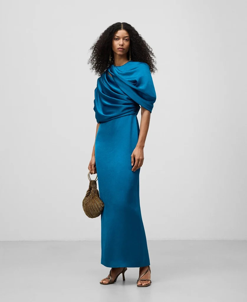 Elegant Blue Satin Dress with Draped Neckline and Gold Accessories Elegant Blue Satin Dress with Draped Neckline and Gold Accessories — Graduation Party Outfits 2027