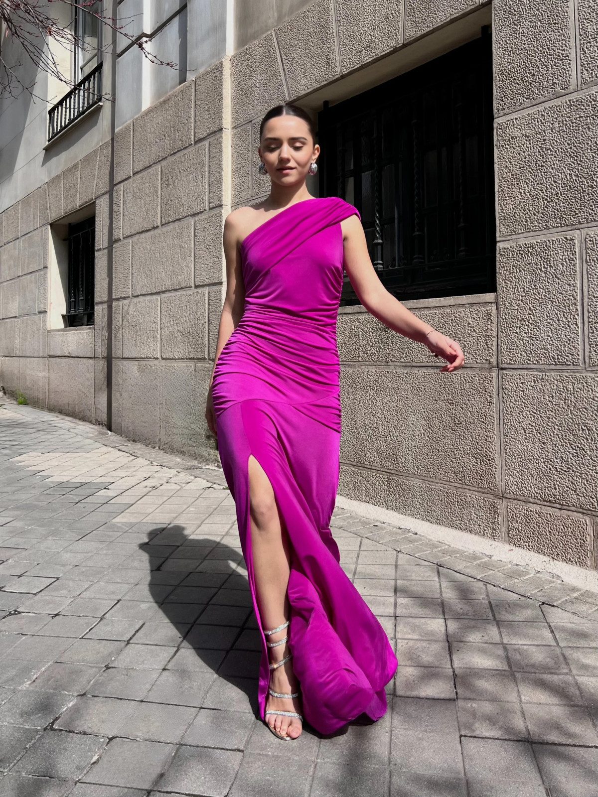 Hot Pink Ruched One-Shoulder Maxi Dress with High Leg Slit Hot Pink Ruched One-Shoulder Maxi Dress with High Leg Slit — Graduation Party Outfits 2027
